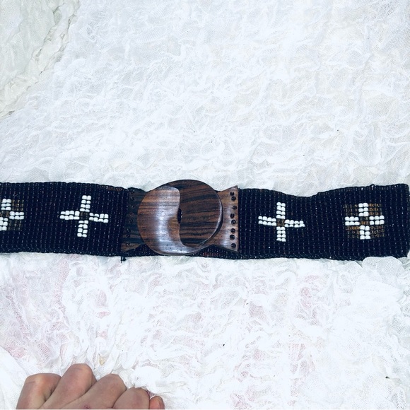 Brown and White Beaded Belt with Wooden Buckle 32” by 2 1/2”, stretchy. Used - Picture 1 of 6